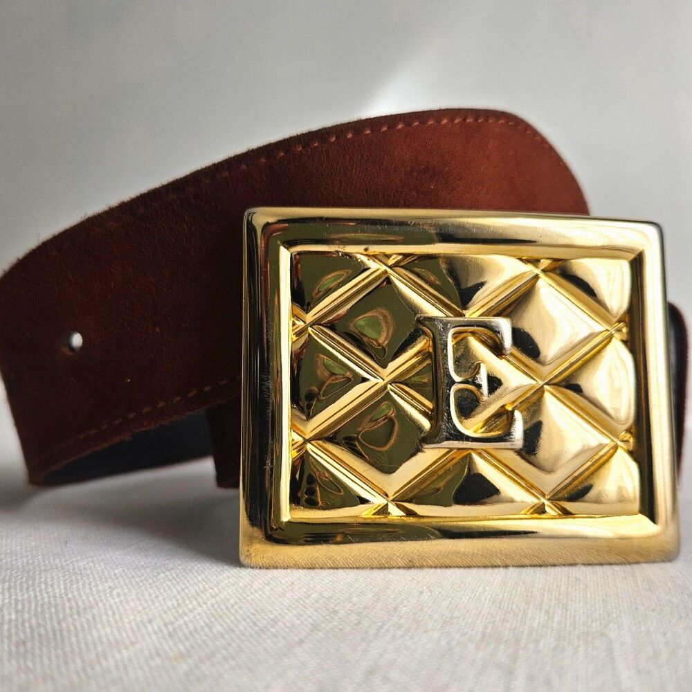 Vintage 80s ESCADA Classic Designer E Logo Belt in Rich Brown Suede XS SMALL